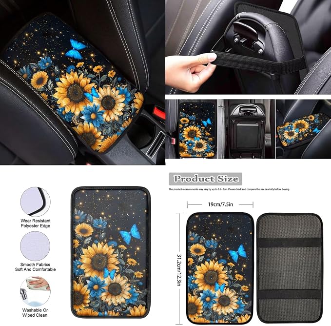 Sunflower Butterfly Car Seat Covers Set of 12 Steering Wheel Cover Car Seat Belt Pad Cover Center Console Cover Fashion Auto Interior Universal Fit Most Vehicles Cars SUV