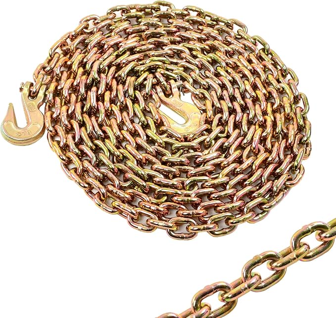 Heavy Duty G80 Transport Binder Chain 5/16'' Inch x 20 Feet,Tow Chain with G70 Clevis Grab Hooks,4900 lbs Safe Working Load Logging for Transporting, Towing(5/16'' x 20FT Yellow).