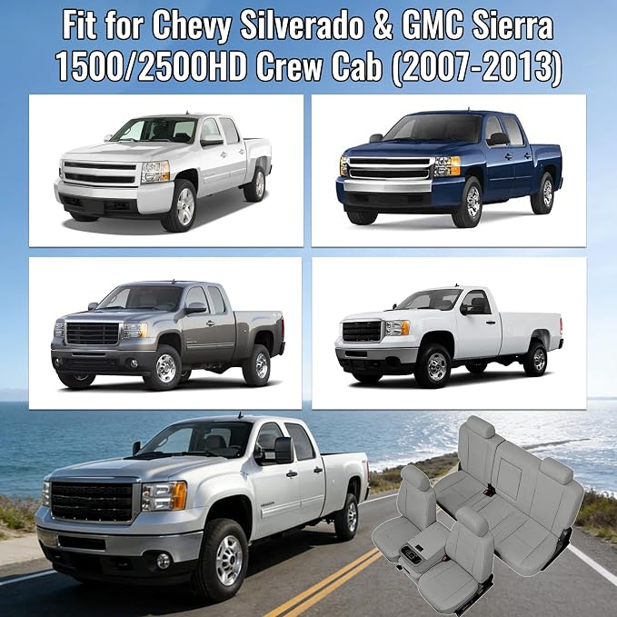 Seat Covers for Chevy Silverado & GMC Sierra 1500/2500HD 2007-2013 Heavy Duty Cloth Protector Interior Accessories，Waterproof & Machine Washable-Gray (Front & Rear)
