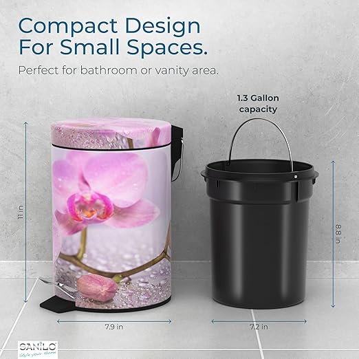 Sanilo Small Bathroom Trash Can with Lid [1.3 Gallon] - Lidded Tiny Trashcan for Garbage - Mini Metal Bin with Soft Closing Mechanism - Bath Room Accessoire Wastebin with Inner Bucket (Blooming)