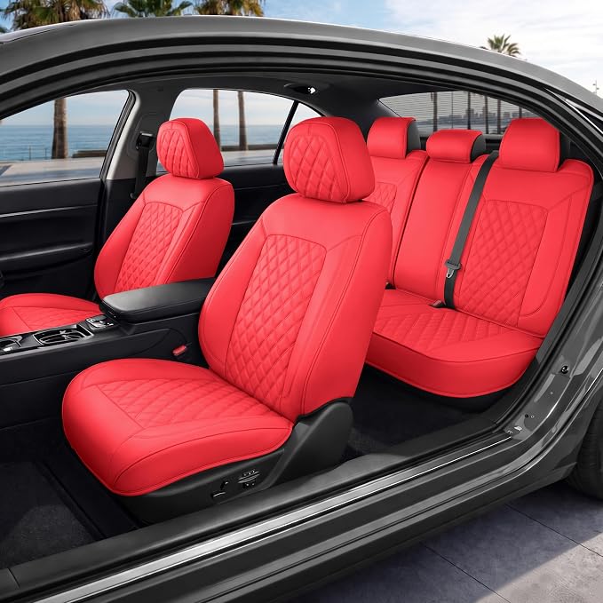 MotorBox Haven Series Napa Leather Seat Covers for Cars, Lux Edition Diamond Stitched Full Set Seat Covers, Premium PU Red Leatherette Car Seat Covers for Cars Trucks SUVs