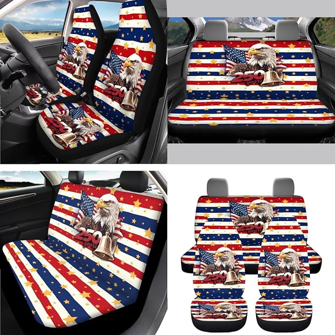 AFPANQZ 250th Eagle Stripe 11 Pieces Auto Accessories Set with Seat Covers Full Set with Hand Brake Cover Gear Shift Knob Cover Seat Belt Pads Car Coaster Steering Wheel Cover