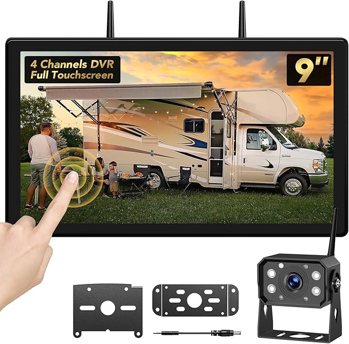 9" Wireless Backup Camera with Full Touchscreen, RV Backup Camera for Furrion Pre-Wired, Recording 4-Channel Split Screen, IR Night Vision, IP69 Wide Angle, Back up Camera Systems for Truck Trailer