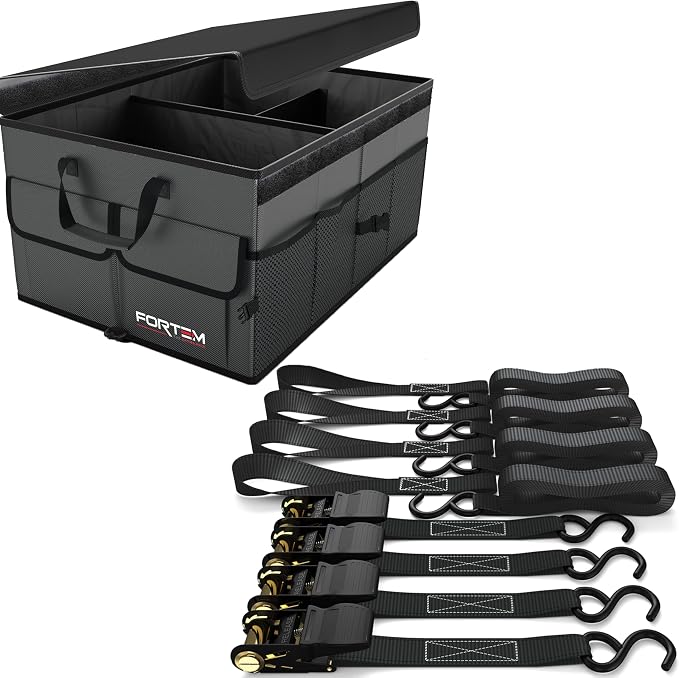 FORTEM Car Trunk Organizer (Grey, Standard) + Ratchet Straps