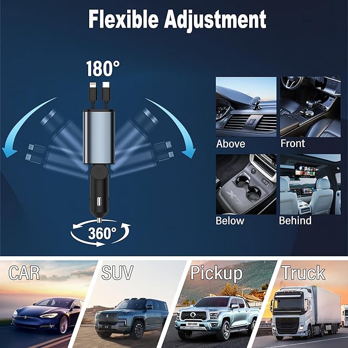 Retractable Car Charger USB C, 4 in 1 Retractable Car Charger with Cables, PD 69W USB C Adapter, Fast Cigarette Lighter Adapter Car Phone Charging for iPhone 15/14 Pro Max,Androids