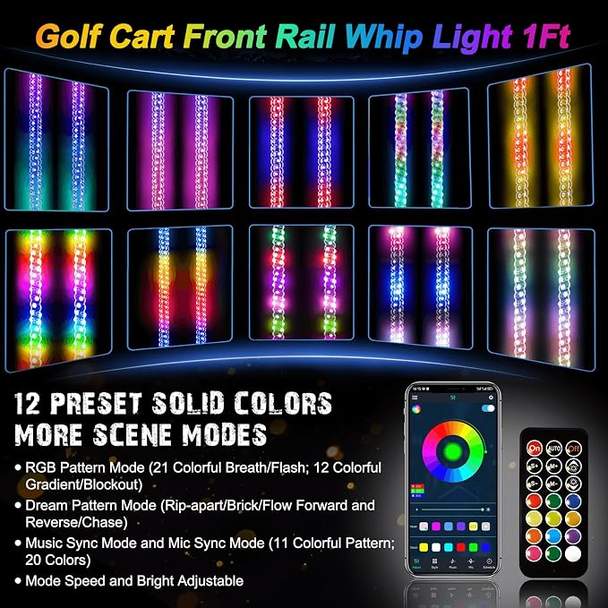 2 Pack 1FT Golf Cart Front Rail Whip Lights, LED Light Bluetooth App & Remote Control, Spiral RGB Music Chasing Lighted with Turn Reverse Brake Signal for 36V/48V/72V (Included DC Converter)