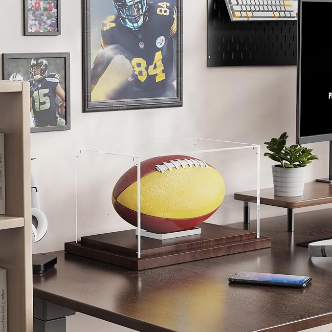 VGMiu Football Display Case with Wood Base, Acrylic Football Case Display Clear Box with Removable Built-in Ball Holder for Autographed Footballs, Sports Collectibles, Memorabilia Displays