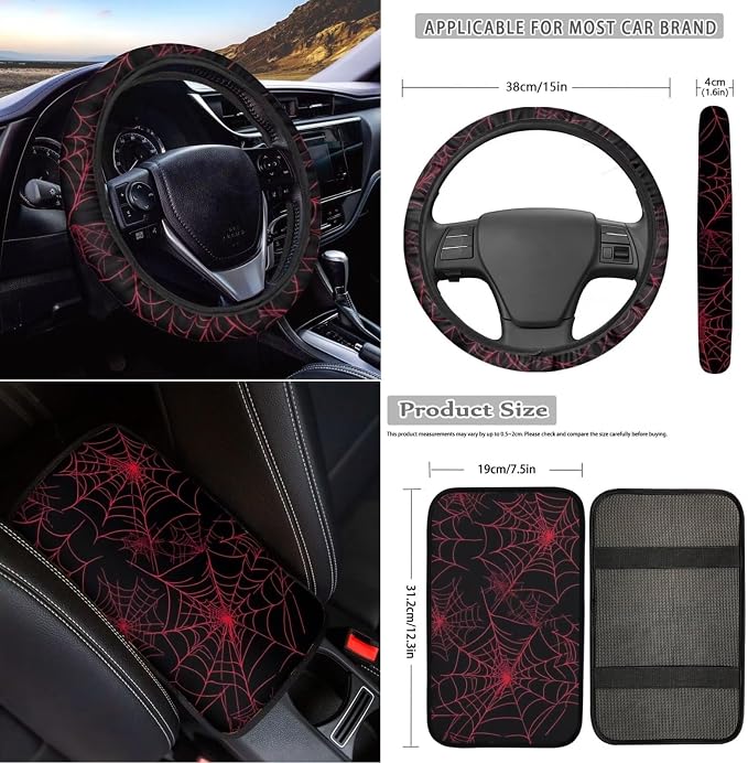 18Pcs Spider Web Auto Seat Cover Full Set Car Steering Wheel Protector+Handbrake Cover+Armrest Cushion+Seat Belt Cushion+ Headrest Protector+Car Coaster+Keychain,Red