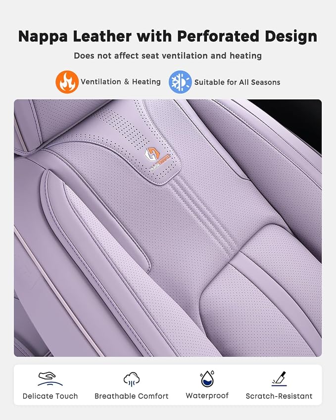 Huidasource Purple Front Seat Cover Luxury Nappa Leather, Front Car Seat Cover with Airbag, Front Storage Pocket, Lumbar Support, Cooling＆Heating, Universal Fit for Most Cars SUV Trucks, Purple