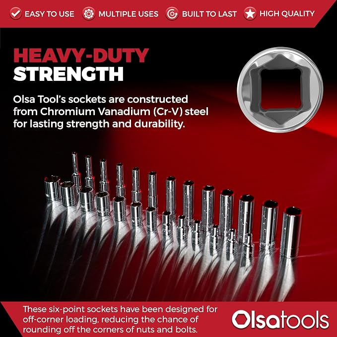 Olsa Tools Metric Shallow Socket Set - 1/4-Inch Drive, 14pc - 6-Point Chrome Sockets from 4mm–15mm and No Skipped Sizes - Mechanic Shallow Metric Socket Set - Professional Grade Sockets - Part: 1328
