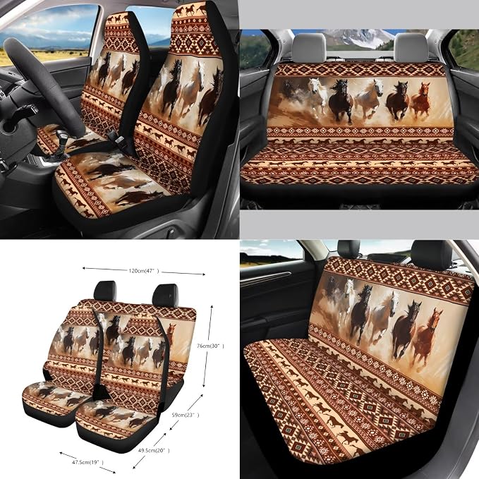 Aztec Horse Printed Car Seat Cover Full Set 15 Pcs with Steering Wheel Cover Seat Belt Pads Cup Coasters Trash Bag Air Vent Case Rearview Mirror Cover Keychain Auto Accessories