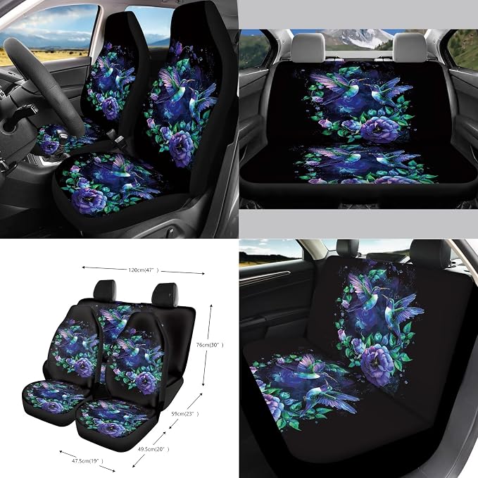 Hummingbird Floral Print Car Seat Cover Set of 15 Steering Wheel Cover Seatbelt Strap Pad Trash Cans Rearview Mirror Covers Air Vent Storage Holder Coasters Keychain Universal Fit