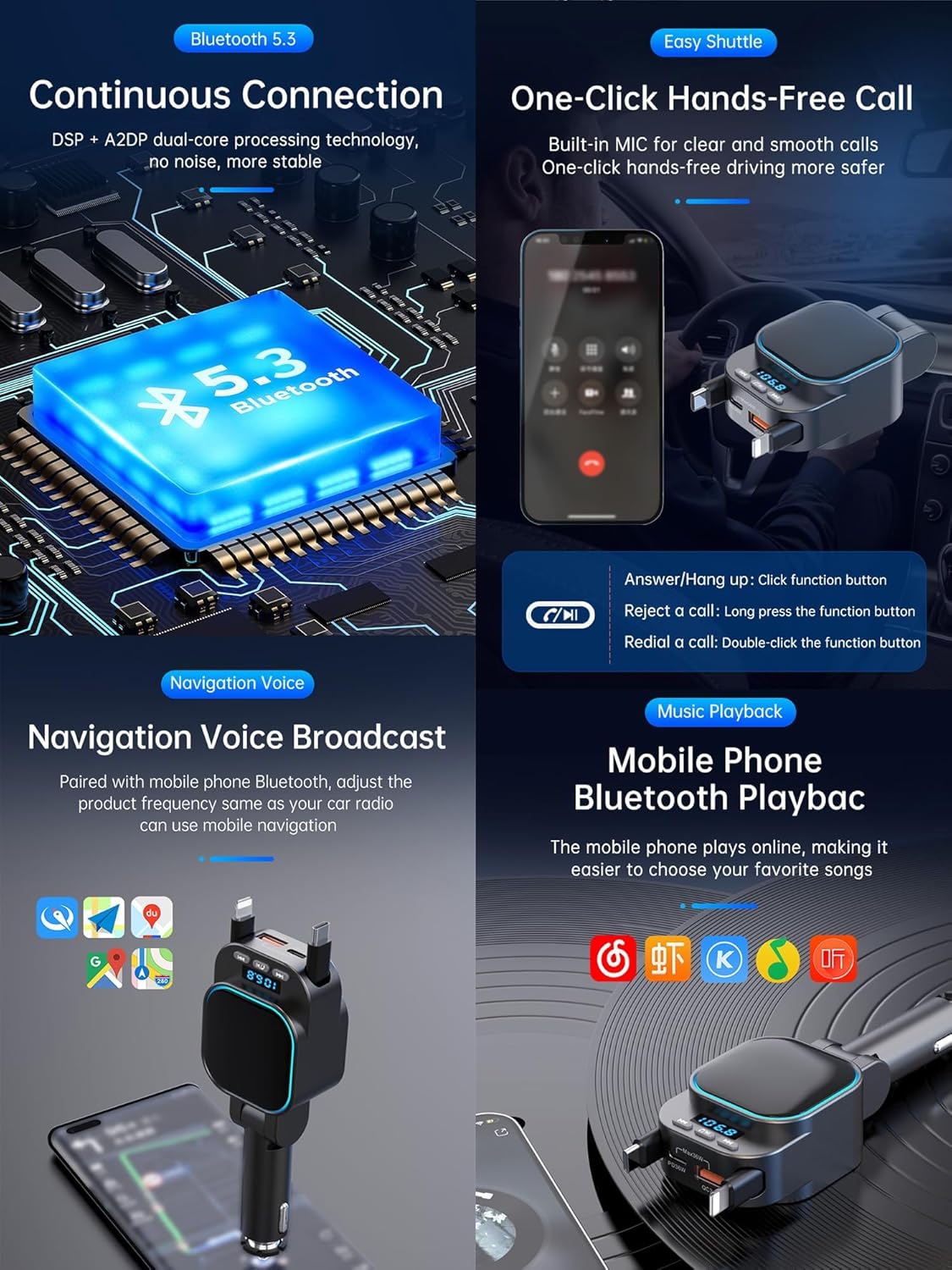 Retractable Car Charger 96W with Bluetooth Car Adapter, 4 in 1 Fast Charging, Radio Bluetooth 5.3 FM Transmitter, Handsfree Calling, USB C Phone car Charger Adapter for iPhone 16 15 14 13 12