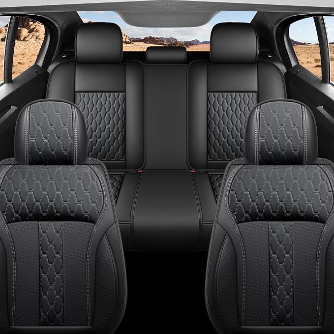 Car Seat Covers Full Set, Nappa Leather Waterproof Car Seat Protector, Airbag Compatible Universal Automotive Cushions Fit for Most Sedans, SUVs & Trucks