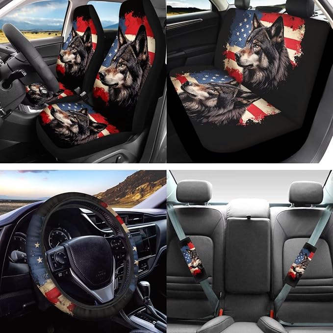Lotusorchid Wolf Print Car Accessories Full Set, American Flag Printed Car Front Back Seat Covers and Gear Shift Knob Cover, Anti-Dust Steering Wheel Cover and Auto Seat Covers for Cars