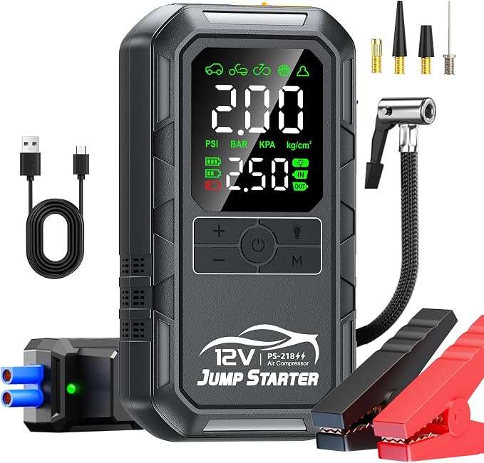 10-in-1 Car Battery Jump Starter with Air Compressor 12000A 160PSI Portable Car Jumper Starter (All Gas 12L Diesel), 12V Jump Box Car Battery Jump Starter Portable Jumper Cables, Lights (12000A)