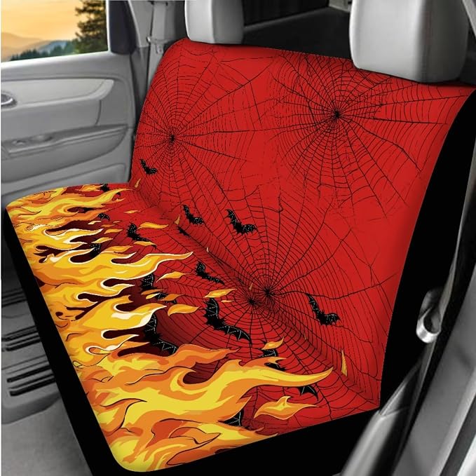 Flame Spiderweb Bats Car Interior Accessories Set of 8, Car Seat Covers Full Set with Auto Steering Wheel Cover Center Console Pad Seat Belt Covers, Auto Halloween Decorations