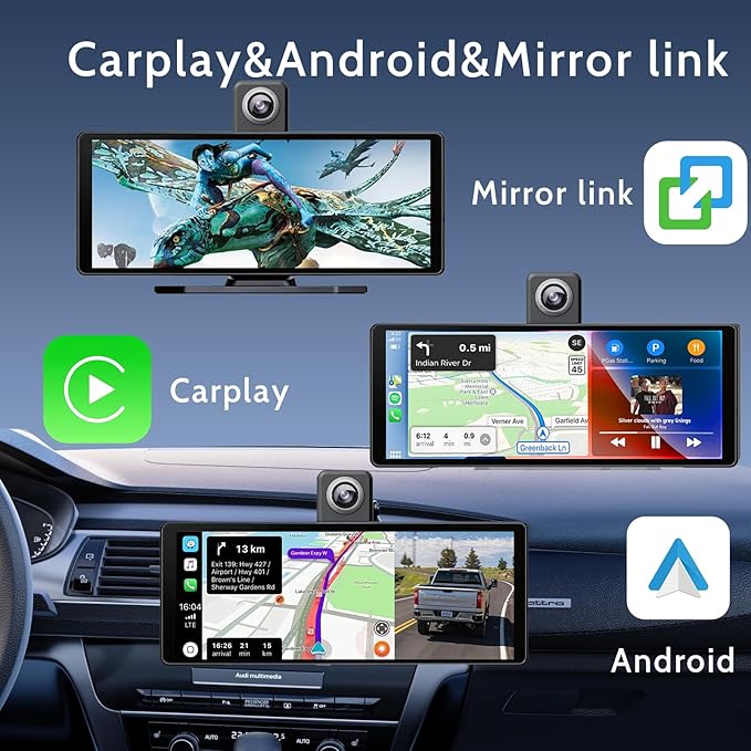 10.26 Inch Wireless Apple CarPlay & Android Auto Screen for Car with 4K Dash Cam,Ultra-Light Touchscreen, IP68 1080P Backup Camera, GPS Navigation, Voice Control, Mirror Link(No Card)