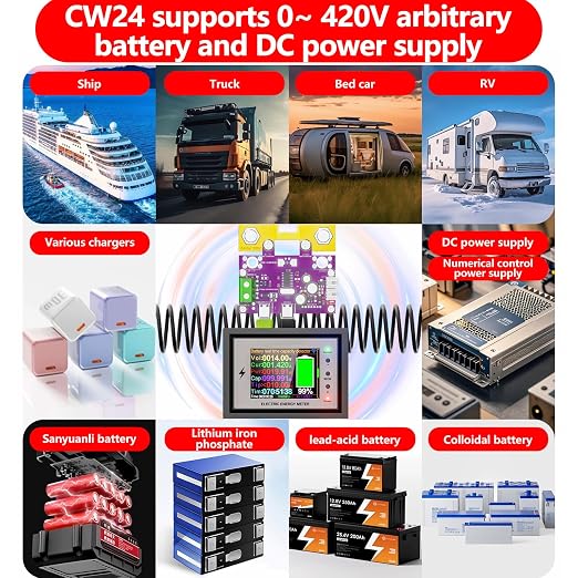 500A Battery Monitor with Shunt 0~420V 500A with Buzzer Alarm and Data Storage Batteries Monitor IPS Color Screen for 0~420V Any Battery and DC Power with 3m Type-C Data Cable Temperature Probe