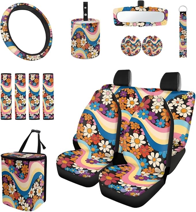 Hippie Flower 15 Pack Car Seat Cover Full Set with Car Steering Wheel Cover Auto Seat Belt Pads Cup Coaster Trash Can Rear View Mirror Cover Coasters Keychain