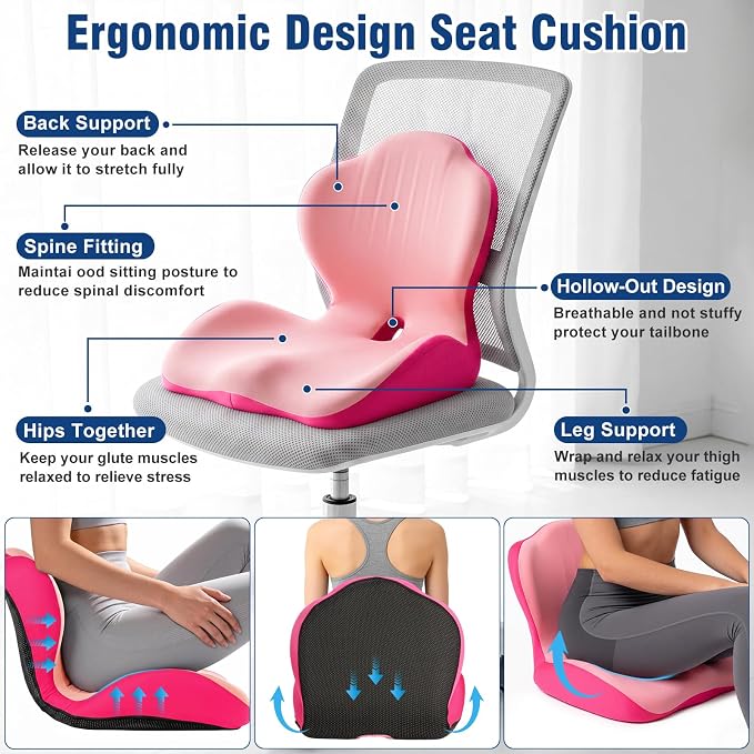 Car Seat Cushion with Lumbar Support Pillow, Memory Foam Office Chair Cushion for Back Pain Sciatica Pain Relief, Ergonomic L-Shaped Seat Cushion for Car Truck Driving Office Chair Home (Pink)