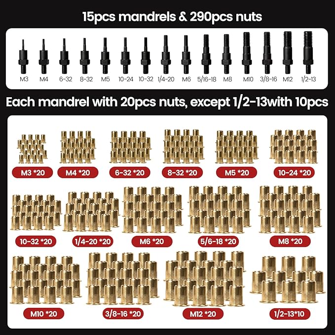 Rivet Nut Tool, 16" Heavy Duty Rivnut Tool Kit with 15PCS Metric/SAE Mandrels, 290PCS Rivet Nuts, Wrench, Gloves and Carrying Case, Auto Release Nut Design for Automotive, Construction & DIY