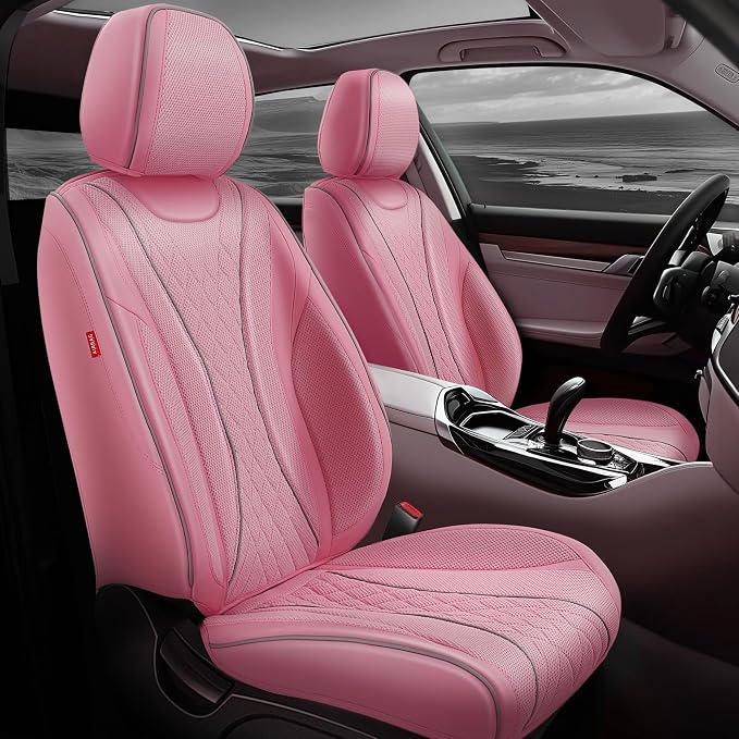 Auto Dynasty Car Seat Covers Front Set, Anti-Slip Automotive Interior Covers with Storage Pocket, Breathable Car Seat Protectors, Airbag Compatible, Fit Most Vehicles, Diamond Stitch Mesh Pink (2Pcs)
