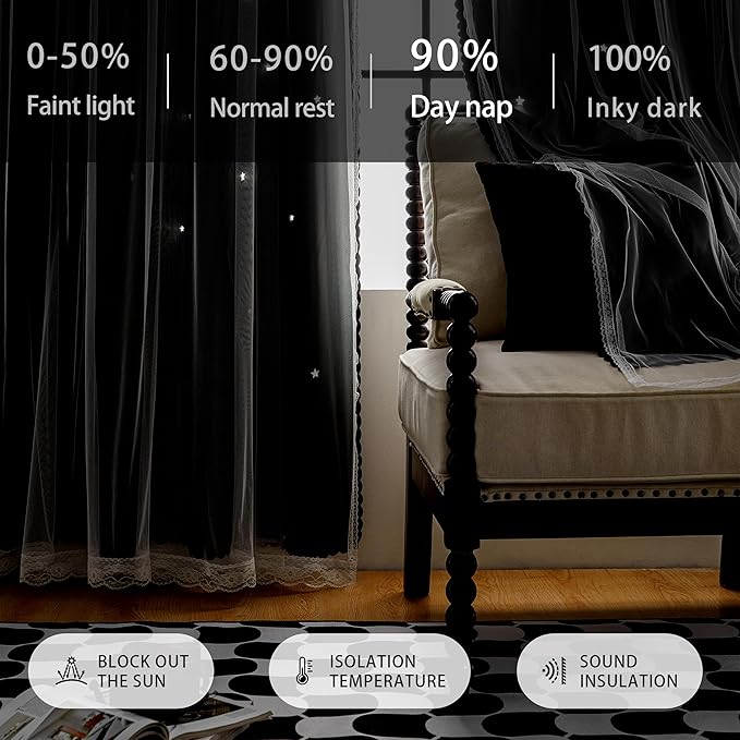 XiDi Black Out Curtains, Curtains for Girls Bedroom Decor, Unicorn Curtains for Kids Room, Black and White Curtains Blackout Curtains for Living Room 52 inches Wide 2 Panel Black