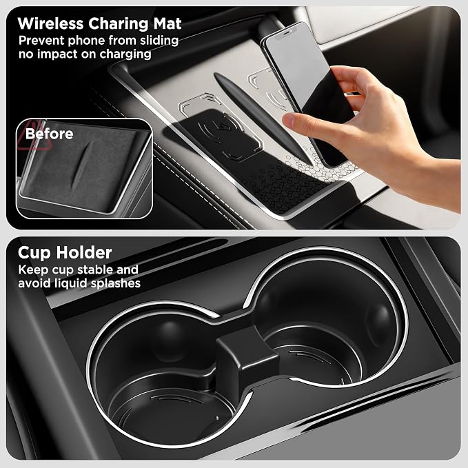 10PCS Center Console Organizer for Tesla New Model Y Juniper (Premium & Performance) Under Seat Storage Armrest Cover Hidden Storage Charger Pad for Tesla Model Y Accessories 2025 2026 Black
