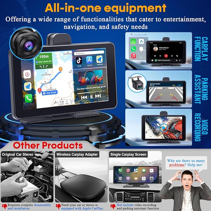 Wireless Apple CarPlay with Dash Cam: 7″ Carply Screen for Car with Backup Camera - 5-Min Plug-and-Play Upgrade for Older Cars - GPS Navigation, Bluetooth, Siri Voice Control