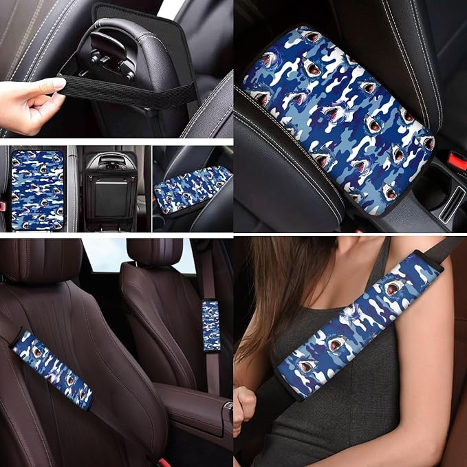 Mumeson Shark Car Seat Covers with 2 Pcs Seat Belt Shoulder Pads + Soft Rubber Steering Wheel Cover + Armrest Cushion Pad of Car Full Set of 8 Pack Car Decor Set