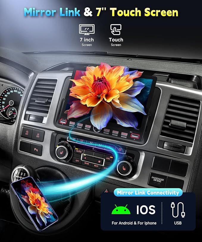 Single Din Car Radio Stereo, 7 inch Touch Screen Radio for Car Stereo Receivers, 1 Din Bluetooth Radio, HD Backup Camera, SWC, Mirror Link, Support FM/EQ/SD/AUX, USB Fast Charging
