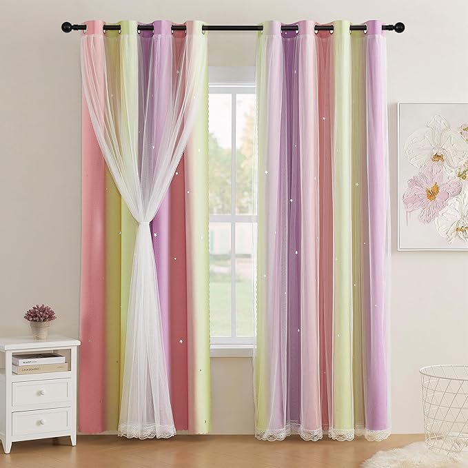 XiDi Pink Yellow Curtains for Girls Bedroom Decor Kids Blackout Curtains for Nursery Room Darkening Rainbow Princess Unicorn Wall Decals Little Girl Pink Yellow Purple 52x54 Inches Long 2 Panels Set