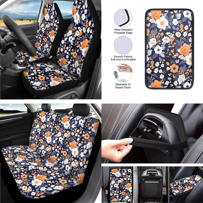 Camellia 13 Pcs Car Seat Covers Full Set, Cottagecore Flower Field Auto Front and Rear Bench Seat Protector, Vintage Garden Steering Wheel Sleeve Auto Armrest Cover