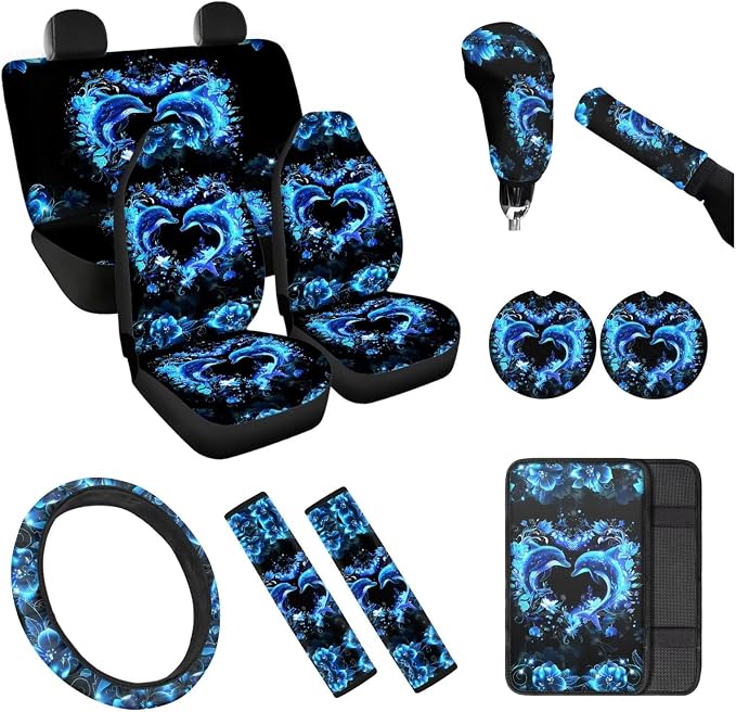 Blue Dolphin Car Seat Covers Full Set 12 Pcs Car Steering Wheel Cover Center Console Cover Fashion Auto Seat Belt Covers Gear Lever Cover Fit for Most Cars, SUVs