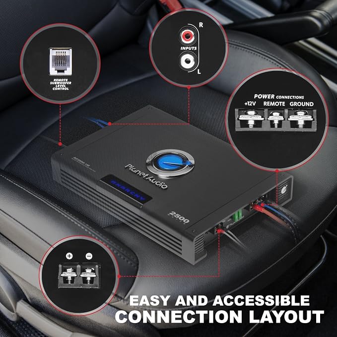 Planet Audio AC2500.1M Monoblock Car Amplifier - 2500 Watts Max Power, 2/4 Ohm Stable, Class A/B, Mosfet Power Supply, Remote Subwoofer Control