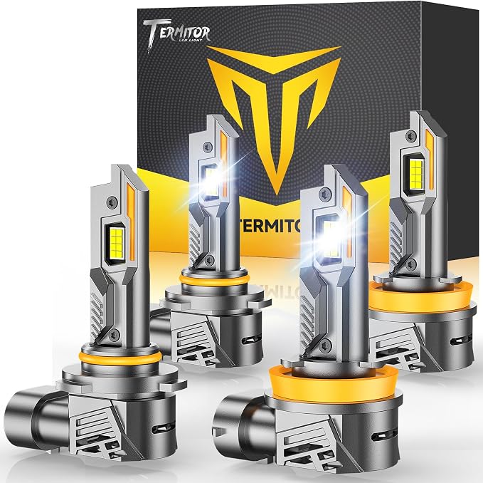 Termitor H11/H8/H9 + 9005/HB5 Light Bulbs Combo, 100,000LM 16X Ultra-Bright, 6500K Cool White, 1:1 Mini Size, 90K+ Hrs Service Life, Compatible with H11 9005 Off-Road Fog Light, Plug-N-Play, Pack of 4