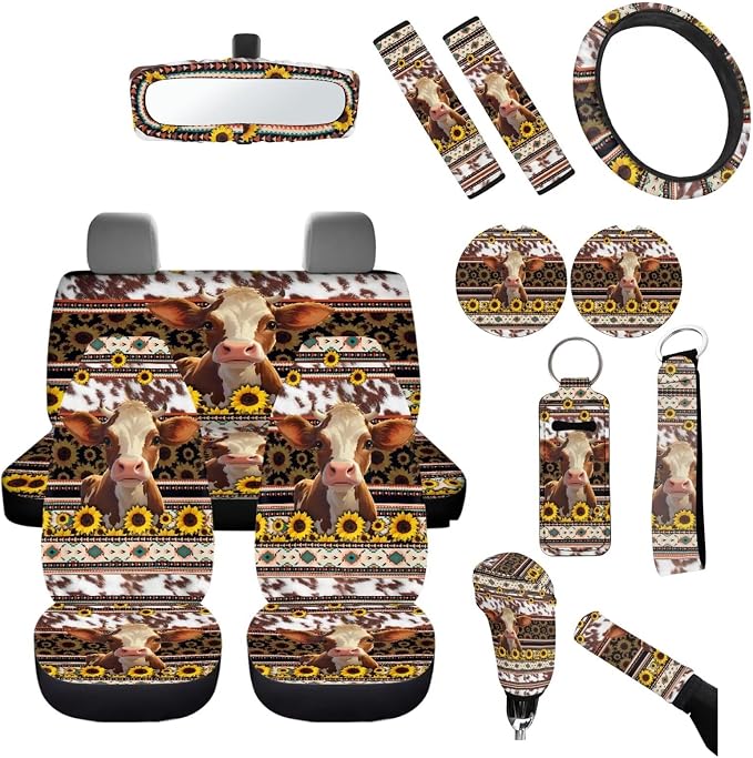 Western Aztec Cow Car Seat Covers Full Sets Cow Car Accessory for Women,Universal Fit Auto Steering Wheel Wrap/Safety Seatbelt Pads/Coasters/Keyrings/Mirror Cover Auto Interior Protector