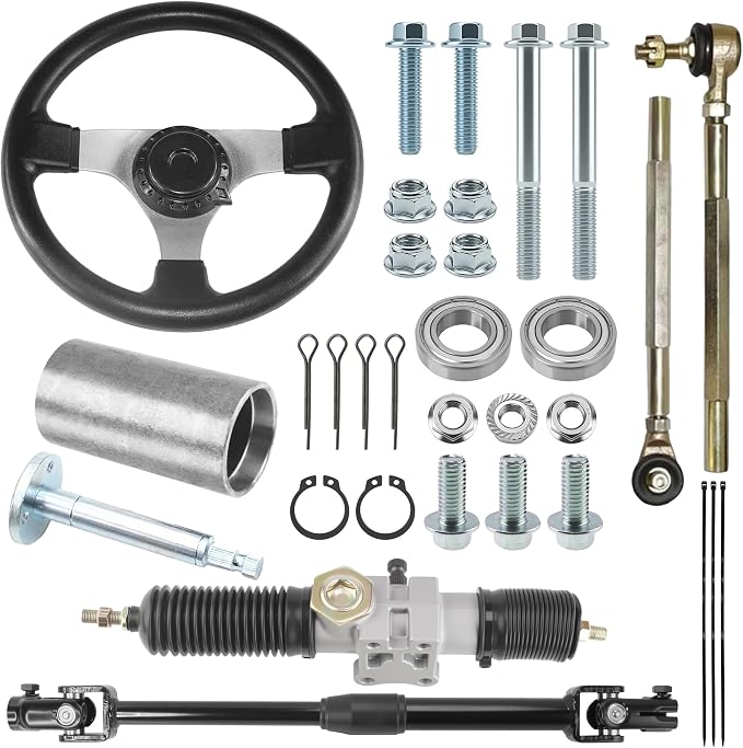 PRO BAT Go Kart Golf Front 300mm/11.8'' Steering Wheel 360mm/14.1'' Rack Pinion Adjustable Shaft Tie Rod Ends Kits for 50-110cc Go Kart Buggy Mini ATV Golf Kids UTV Rebuilding Silver