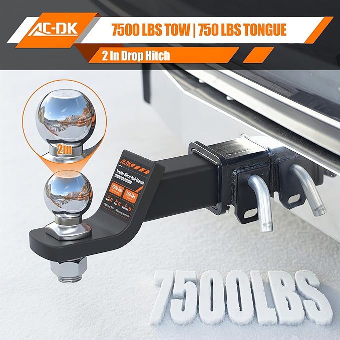 Trailer Hitch Ball Mount for 2 inch Receiver,2 inch Drop Hitch,with 2-Inch Ball,7,500 lbs Capacity Ball Hitch, 750lbs Tongue Weight,Includes Hitch Pin
