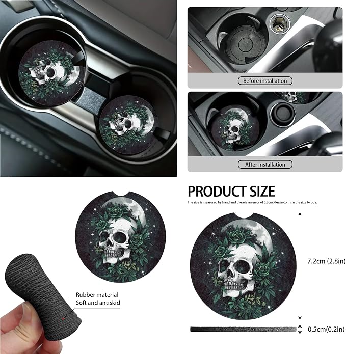 Moon Skull Rose Print Car Seat Cover Full Set of 15 Seatbelt Strap Pad Steering Wheel Covers Rear View Mirror Cover Trash Cans Air Vent Storage Bag Cup Coasters Keychain