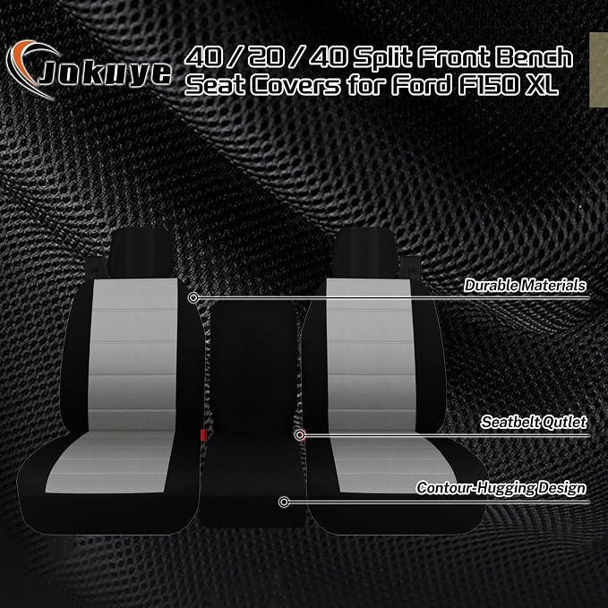 Jokuye 40/20/40 Split Front Bench Seat Covers for Ford F150 XL Standard Cab 2004 2005 2006 2007 2008, Heavy-Duty Oxford Fabric with Integrated Seatbelts & Center Armrest Cover - Gray