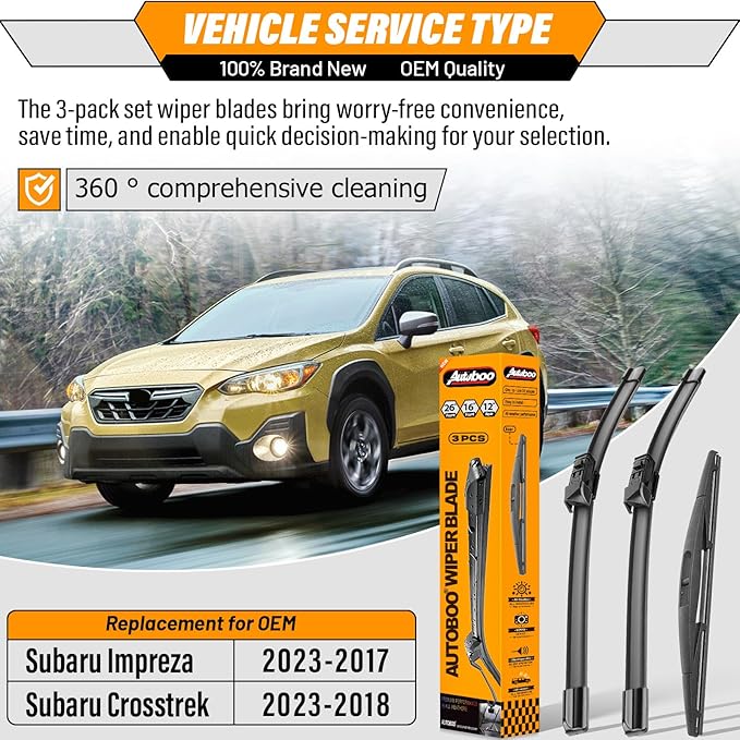 AUTOBOO 26"+16" Windshield Wipers with 12" Rear Wiper Blade Sets Replacement for Subaru Crosstrek Impreza 2018 2019 2020 2021 2022 2023-Original Factory Quality (Pack of 3)