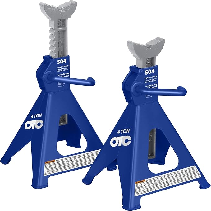 OTC S04 4-Ton Jack Stands - Formed and Welded, High-Strength Steel Stands with Self Locking Ratchet Handle Feature a 23-13/16" Max. Height, 15-1/2" Min. Height, and 1.3"x 4.3" V-Notch Saddle; Set of 2