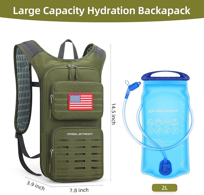 Maelstrom Tactical Hydration Backpack,Water Pack with 2L Water Bladder | BPA-free,MOLLE Compatibility,lightweight,insulated layer, Breathable back panel and shoulder,for running/hunting/cycling