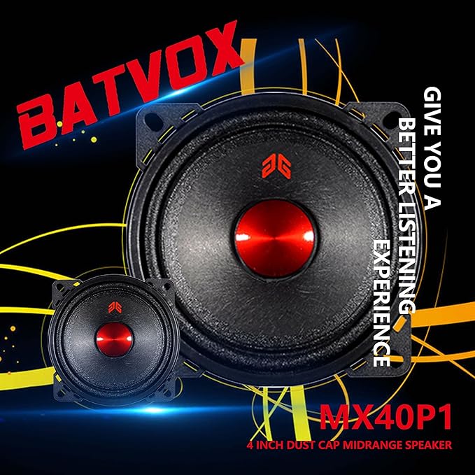 MX40P1 Loudspeaker 4 Inch Midrange 120 Watts 4 Ohms Red Dust Cap, Premium Quality Audio Door Speakers for Car or Truck Stereo Sound System, Black (2 Speakers)