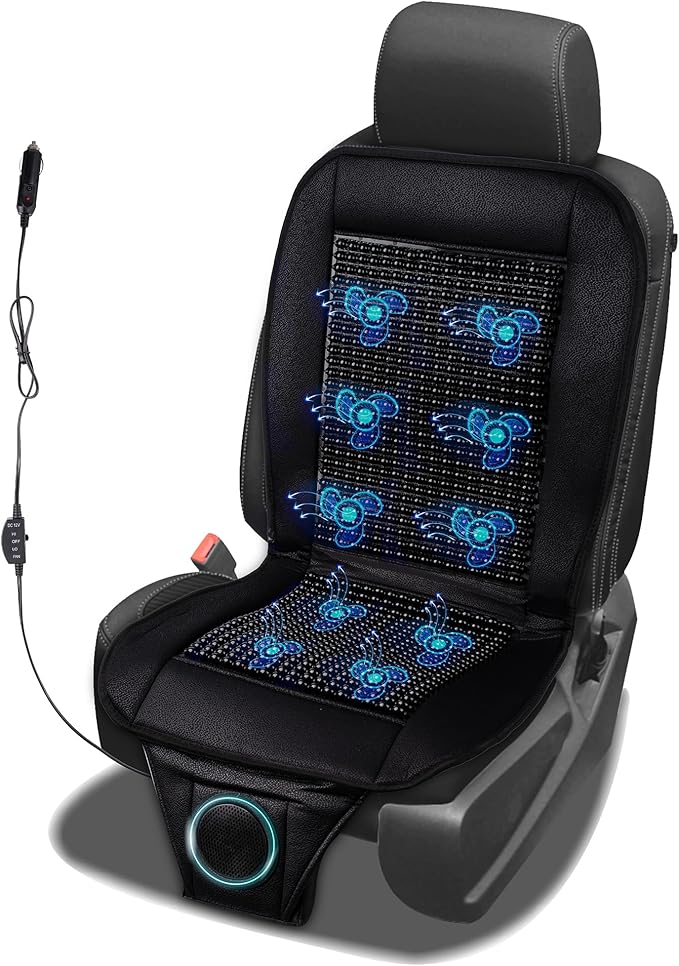 Beaded Cooling Car Seat Cover Massage Cushion, Beaded Seat Cover Black Wooden Beads with 12V Car Seat Cooling Pad Adjustable Temperature, Breathable Sweat Protector Cooling Car Seat Covers for Summer