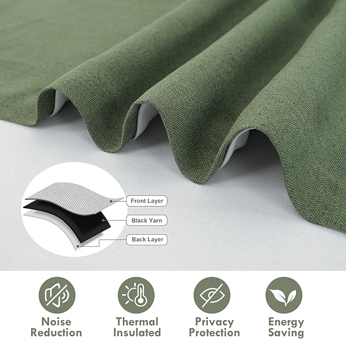 DriftAway Double Layer Linen Blackout Tie Up Curtains Thermal Insulated Fully Lined Balloon Roman Shade Bathroom Window Adjustable Rod Pocket for Small Window 45 Inch by 63 Inches Olive Green