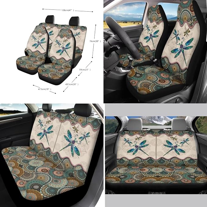 Xoenoiee Boho Mandala and Dragonfly Print Car Seat Covers and Accessories, Front Rear Seat Covers, Steering Wheel Cover, Seat Belt Pads, Coasters, Keychains for Car SUV Decor, 11 PCS Set