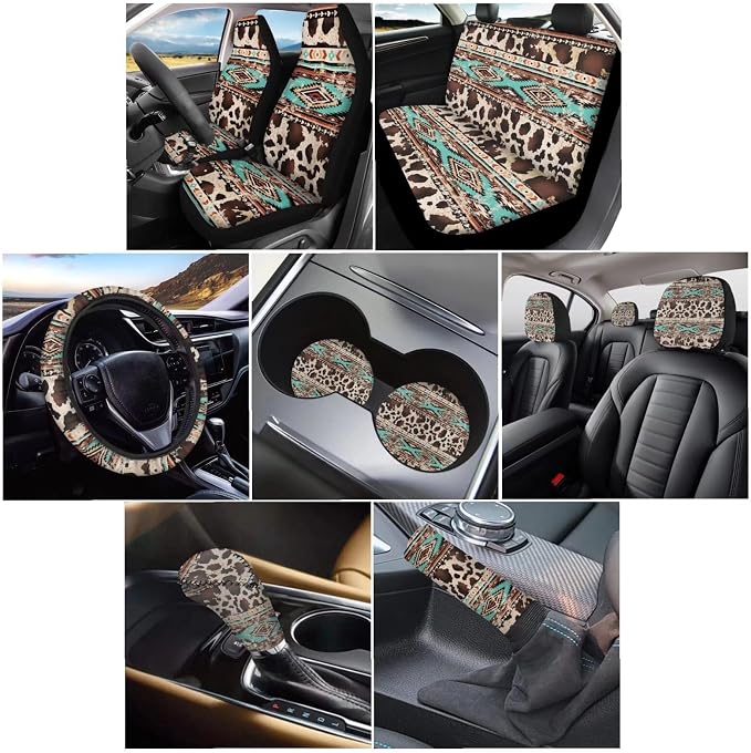 Wanyint Aztec Brown Cow Print Retro Car Seat Cover Full Set with Steering Wheel Cover Gear Shift Knob Cover Handbrake Protector Coasters Headrest Covers Universal Fit for Most Vehicles, Set of 11